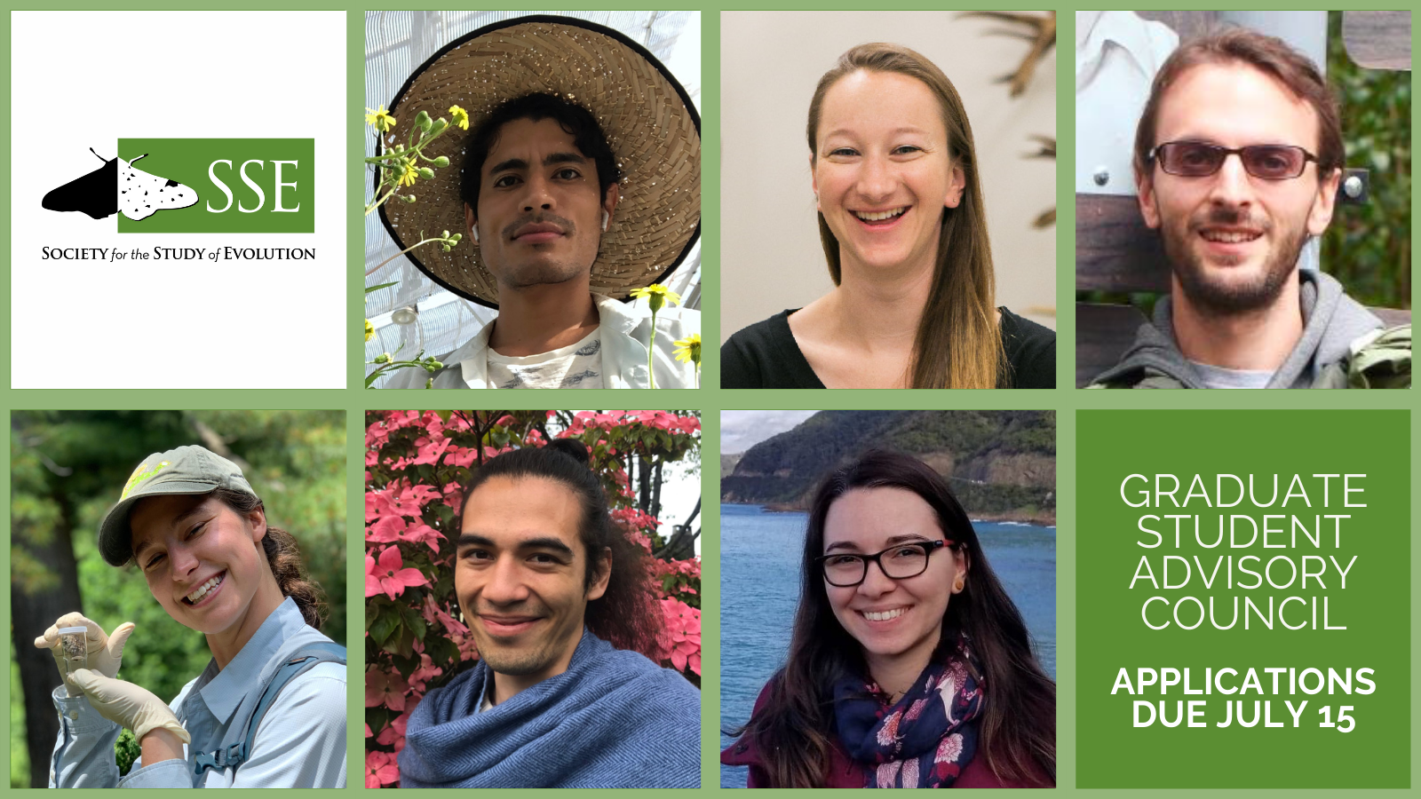 A grid of images showing headshots of the current Graduate Student Advisory Council members, with the SSE logo. Text: Graduate Student Advisory Council Applications due July 15.